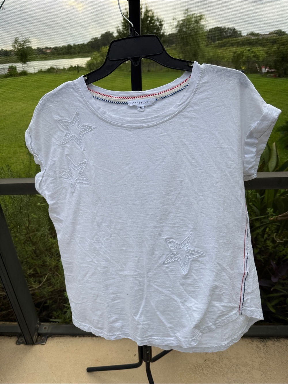 Jane and Delancey White Short Sleeve Tee with Star Appliqué and patriotic Trim
